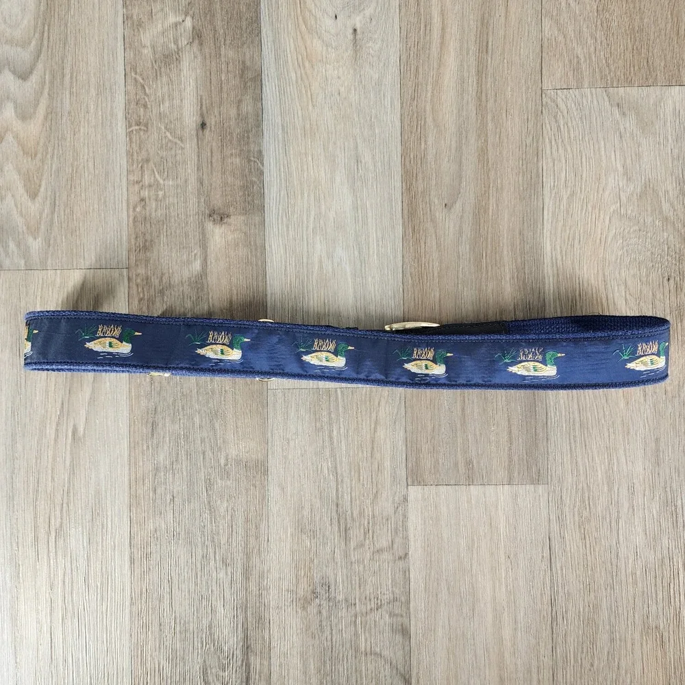 Vintage Cashs Mens Mallard‎ Duck Embroidered Adjustable Belt Navy Blue Canvas